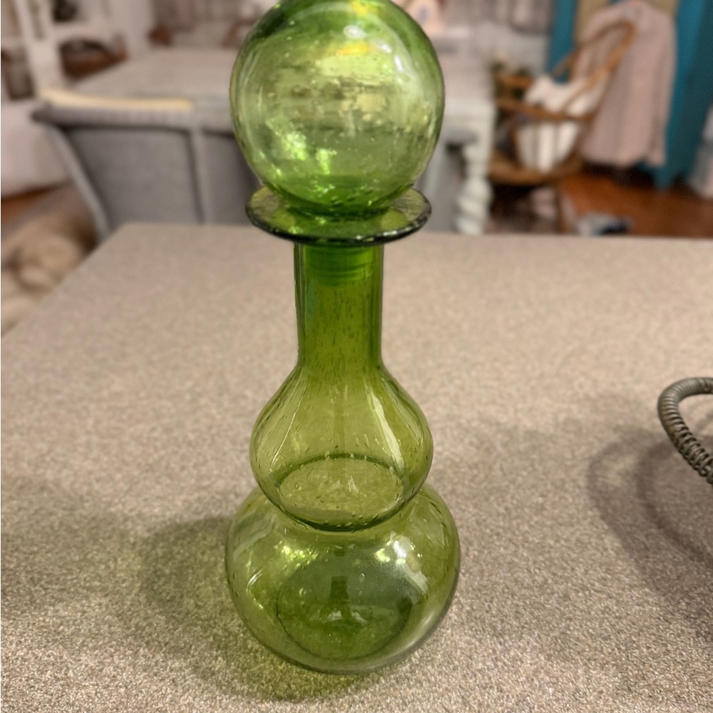 Vintage Blown Green Bubble Glass  Decanter